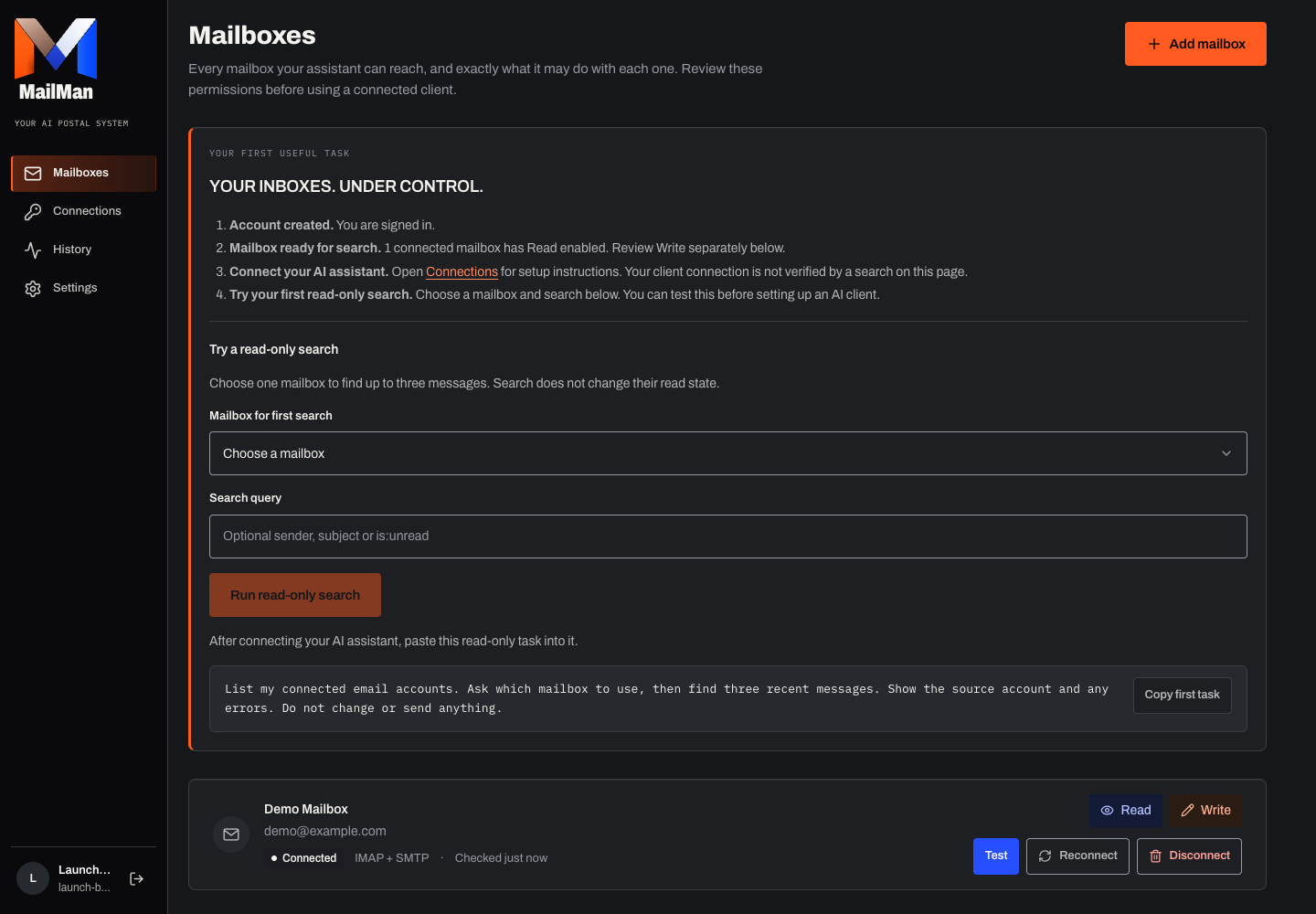 Actual MailMan application: a synthetic Demo Mailbox with Read and Write controls, connection testing and disconnection. Local test screenshot using synthetic data, not a live provider result.